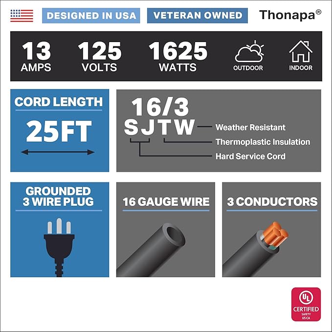 13 Amp Outdoor Extension Cord 25 ft, 2 Pack, 16/3 SJTW 25 Foot Black Extension Cord 3 Prong Multi Pack, Weatherproof ExteriorPower Cable for Outdoor Lights, Landscaping, Lawn, UL Certified