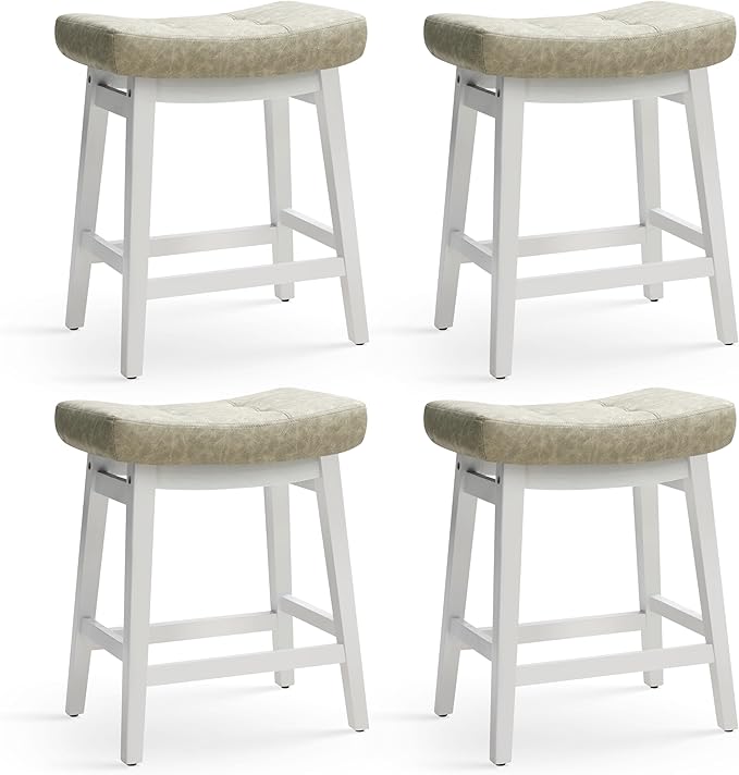 Counter Height Bar Stools Set of 4 for Kitchen Counter Farmhouse Modern Barstools with Faux Leather Upholstered Backless Seat and Solid Wood Legs 24 inch Bar Chairs, Light Grey + White
