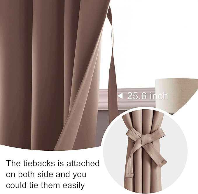 JIUZHEN Blackout Curtains for Bedroom - Thermal Insulated Room Darkening Rod Pocket Curtains for Living Room, Set of 2 Panels with Tiebacks, 42 x 63 Inch Length, Cappuccino