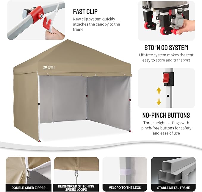 CROWN SHADES 10X10 Comercial Instant Canopy Pop Up Tent with Center Lock, 300D Fabric, 4 Sidewalls, Sto'N Go Bag, Beige