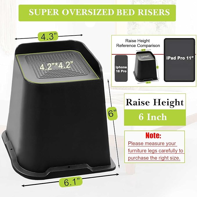 Bed Risers 2 inch, 3 inch, 4 inch, 6 inch, 8 inch Heavy Duty, Oversized Furniture Riser for Couch Sofa Table Chair Leg Frame Dorm, Support up to 6000 Lbs (Black 4 Pack, 6 inch)