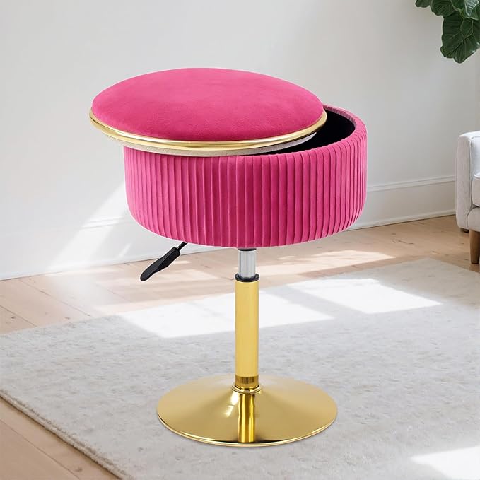 Adjustable Vanity Stool with Storage, 360° Swivel Makeup Stool Chair Small Velvet Round Ottoman with Gold Base for Bedroom (Hot Pink)