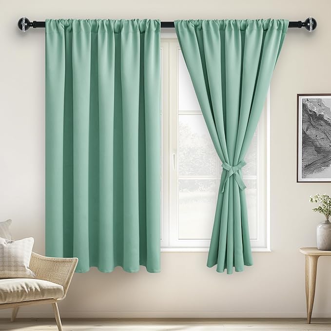 JIUZHEN Blackout Curtains for Bedroom - 70 x 63 Inch Extra Wide Privacy Assured Thermal Insulated Room Darkening Room Divider Curtain Cover for Living Room, Set of 2 Panels with Tiebacks,Sage Green