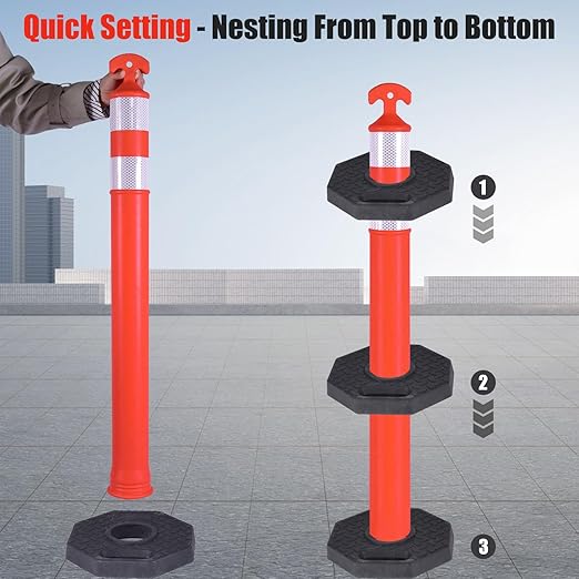 Traffic Delineator Post Cones with Heavy-Duty Octagonal Rubber Base, Channelizer Post Kit for Road Construction Work, Traffic Guidance, Garage Parking, Crowd Control (6, 42")