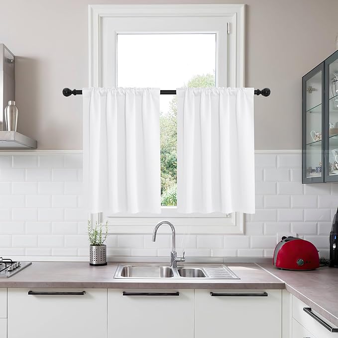 KGORGE Short Curtains 36 inch for Small Window, Back Tab Privacy Thermal Insulation Curtains Light Filtering Drapes for Bathroom Basement Offic, W34 x L36 inches, White, 2 Panels