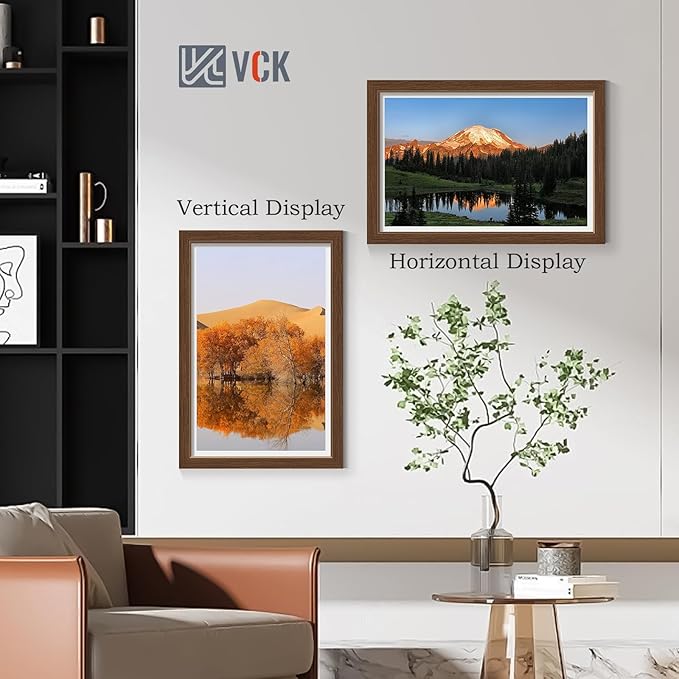 VCK 12x18 Picture Frame 2 Pack - Brown, High-End Wood Poster Frames with Tempered Glass, Display 11x17 Photo with Mat or 12x18 without Mat, Art Gallery-Quality, Wall Hanging, Brown