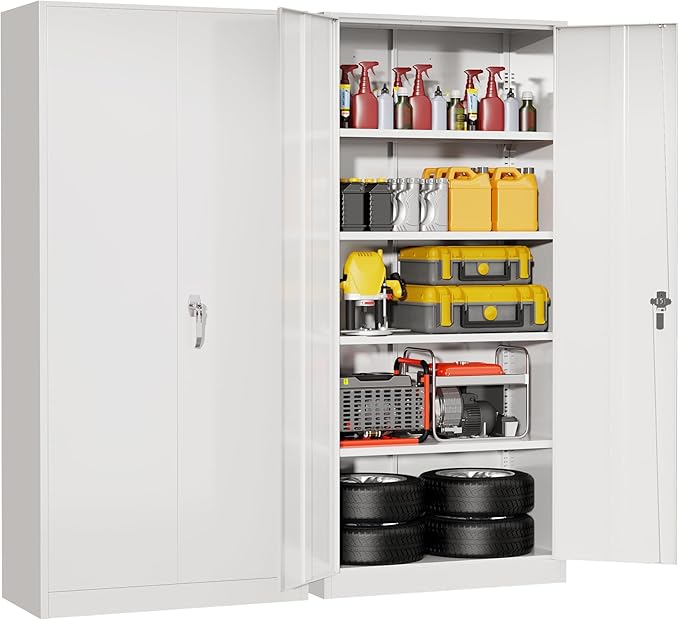 Superday Metal Storage Cabinet with Lock, 72" H Garage Storage Cabinet with Doors and 4 Adjustable Shelves, White Steel Locking Cabinets for Office, Home, Garage, Gym, School
