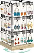 EsLuker.ly Rotating Earring Display Holder Stand for Vendors Events Selling, Large Capacity 36 Hooks Jewelry Rack with Wooden Base for Earring Card Sales, Enhances Retail Visibility(Oak Color)
