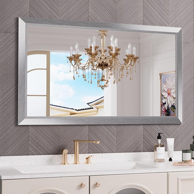 Amorho Bathroom Mirror, 50 X30 Inch Silver Thick Metal Framed Wall Mirrors for Over Sink, Brushed Nickel Mirror Perfect for Bedroom, Living Room, Entryway, Rectangle (Horizontal/Vertical).