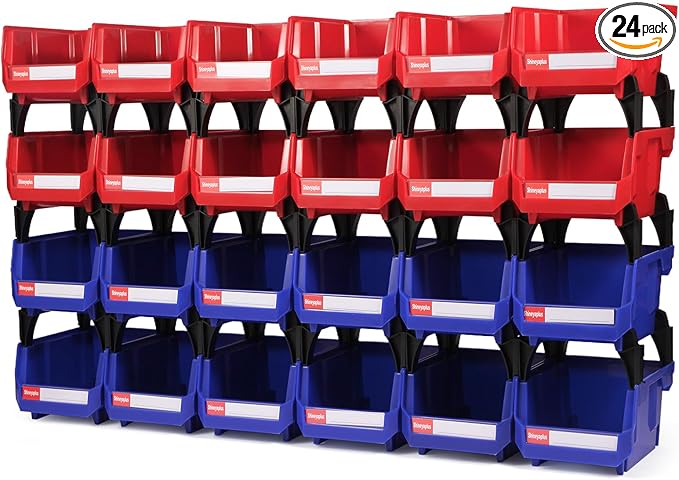Stackable Storage Bins 24 Pack (5x4x3 Inch), Plastic Stackable Storage Organizer Bins Wall Mounted Hanging Small Parts Bin for Garage, Workbench & Office (Blue & Red)