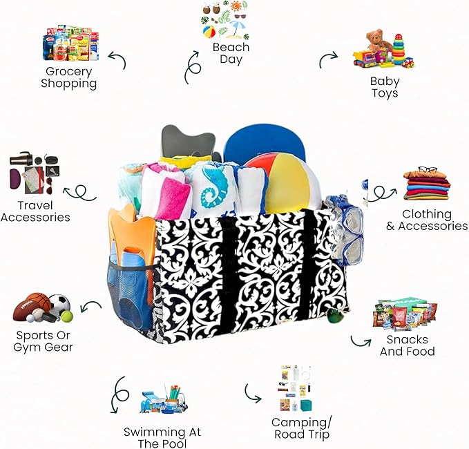 Extra Large Utility Tote Bag - Oversized Collapsible Reusable Wire Frame Rectangular Canvas Basket With Two Exterior Pockets For Beach, Pool, Laundry, Car Trunk, Storage - Damask Black