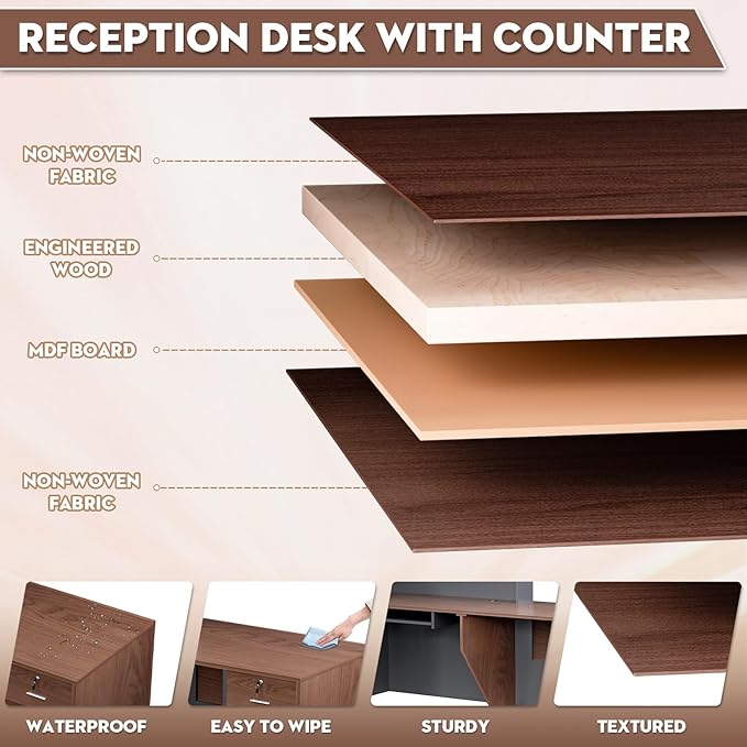 L-Shaped Modern Reception Desk with Counter & Storage - 71" Large Office Front Desk, Salon Checkout Counter with Lockable Cabinets, Shelves(Brown & Black, Right - 71''L x 34''W x 41''H)