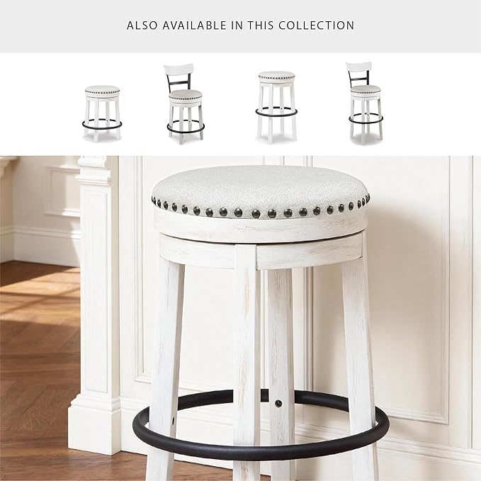 Signature Design by Ashley Valebeck Casual Upholstered Swivel Stool, Round Metal Footrest, Nailhead Trim Detail, Wood, 24", White & Black