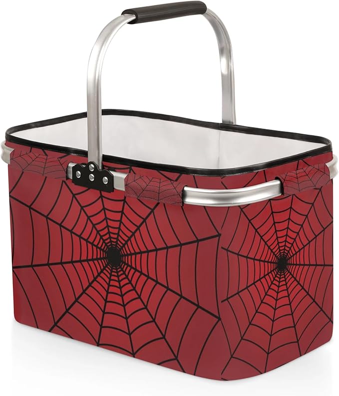 Collapsible Picnic Basket with Handle, Halloween Storage Box Aluminum Frame, Shopping Grocery Market Baskets Tote for Women,Harvest Farmers Baskets Camping Travel Portable Beach Bag (Red Spiders Web)