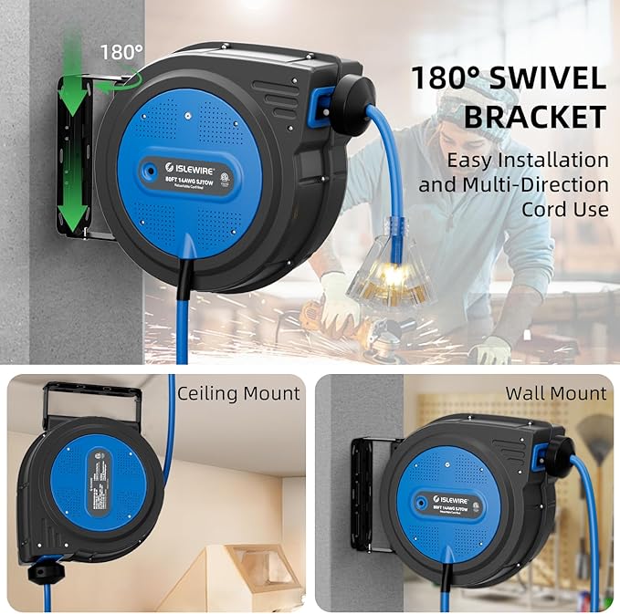 80FT Retractable Extension Cord Reel, 14 AWG/3C SJTOW Heavy Duty Power Cord with Lighted Triple Outlet, 13A Circuit Breaker, 180° Swivel Wall/Ceiling Mount Retractable Cord Reel, ETL Listed, Blue
