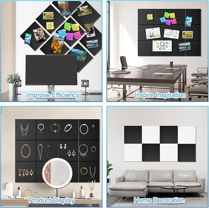 Large Cork Board for Wall 36" x 24", 6 Pack Black Bulletin Board, Felt Wall Tiles with 48 Safe Removable Adhesive Tabs, 30 Push Pins, Cork Boards for Home Office Pin Board Tack Board