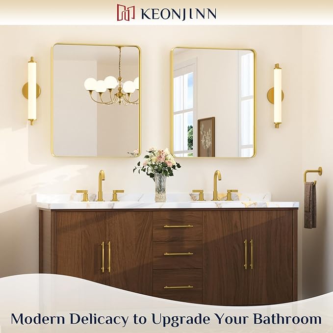 Keonjinn Gold Bathroom Mirrors for Over Sink, 24” x 30” Rounded Rectangle Brushed Gold Vanity Mirror, Anti-Rust Brass Mirror with HD Tempered Glass, Decorative Farmhouse Mirrors, Horizontal/Vertical