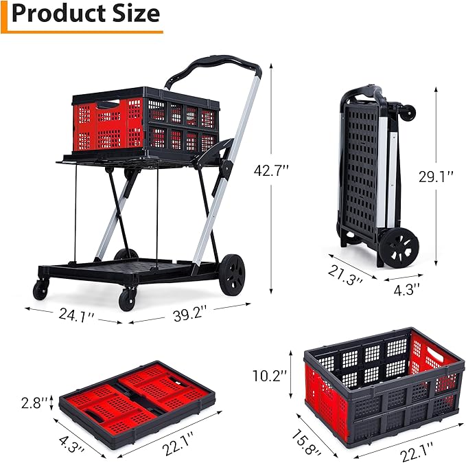 2-Tier Collapsible Shopping Cart, Foldable Grocery Cart with 198 lb Capacity, Wheels & Removable Crate, Portable Utility Trolley for Home, Groceries, Supermarket, Mall, Market, Red