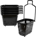 6PCS Plastic Shopping Basket with Handles & Wheels, 35L Rolling Shopping Carts, Grocery Basket with 4 Wheels and Handle, Portable Shopping Basket for Retail Stores, Supermarkets (6PCS - Black)