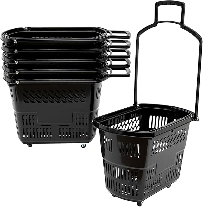 6PCS Plastic Shopping Basket with Handles & Wheels, 35L Rolling Shopping Carts, Grocery Basket with 4 Wheels and Handle, Portable Shopping Basket for Retail Stores, Supermarkets (6PCS - Black)