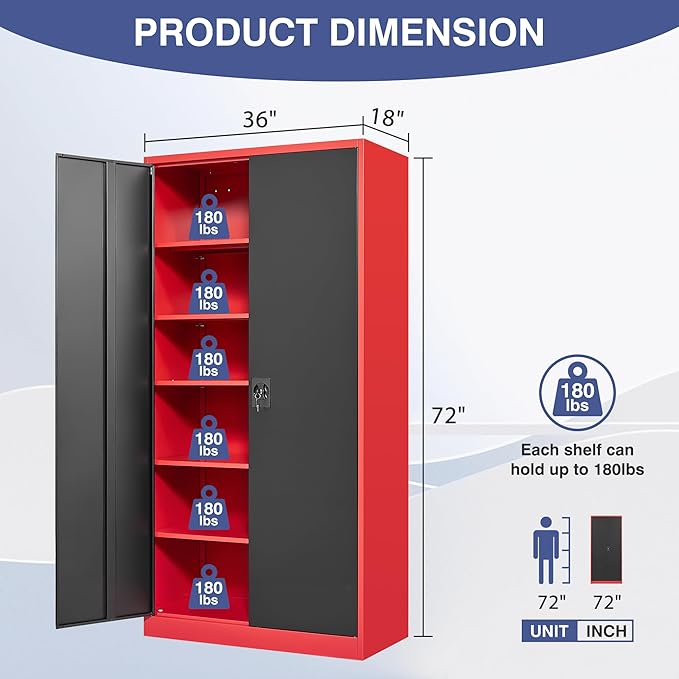 72 Inch Metal Cabinet,Lockable Storage Cabinet with 2 Doors and 5 Adjustbale Shelves,Tall Tool Cabinet Cabinet for Garage,Basement,Home Office,Gym(Red & Black)