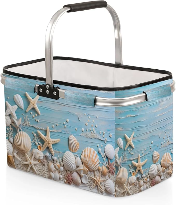 Collapsible Picnic Basket with Handle, Shopping Basket Aluminum Frame, Grocery Basket Tote for Women, Farmers Market Basket, Harvest Baskets Camping Travel Portable Beach Bag (Sea Shells Starfish)