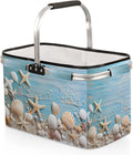 Collapsible Picnic Basket with Handle, Shopping Basket Aluminum Frame, Grocery Basket Tote for Women, Farmers Market Basket, Harvest Baskets Camping Travel Portable Beach Bag (Sea Shells Starfish)