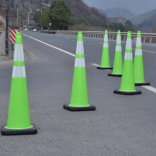 6 Pack 36 Inch Green PVC Traffic Cones with Black Base, Stable Large Size Safety Cones for Highway, Construction, and Outdoor Use (6, Green, 36 Inch)