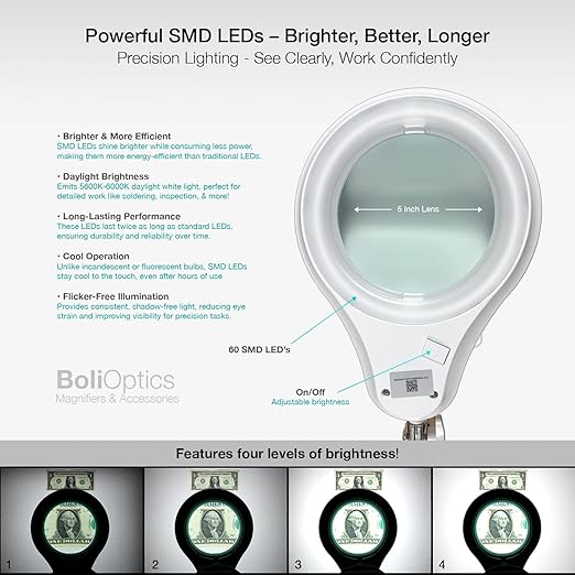 (5 inch Glass Lens) Professional LED Magnifying Lamp with Clamp, Dimmable, 1200 Lumens, 5600K-6000K Daylight Bright 60 SMD LED, Work Light Mounting Bracket Clamp (3 Diopter) BoliOptics MG16303121