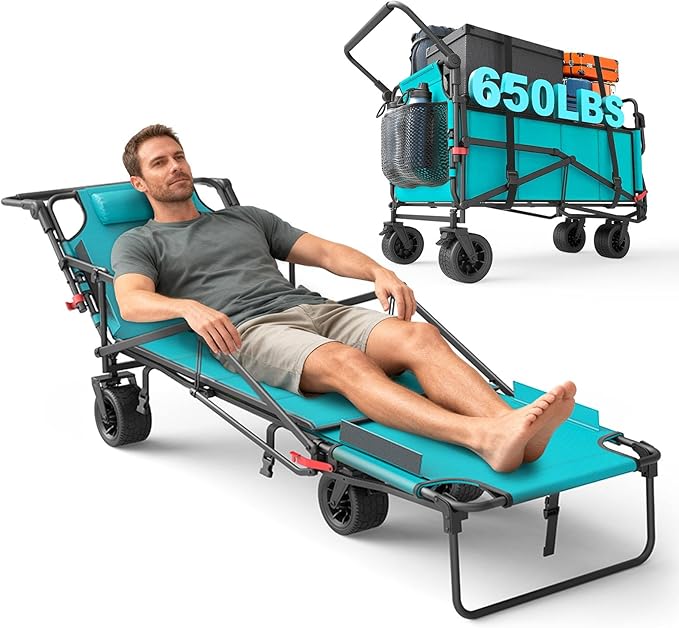 LEVELEVE Heavy Duty Folding Wagon - 2-in-1 Collapsible Cart, 650lb Capacity, All-Terrain Wheels w/Brakes & Side Pockets