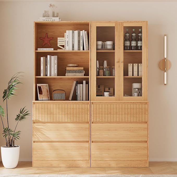 TUSY 71'' Freestanding Tall Storage Cabinet, 5 Tier Wood Bookcase with 3 Drawers and 2 Tempered Glass Doors (DBBD)