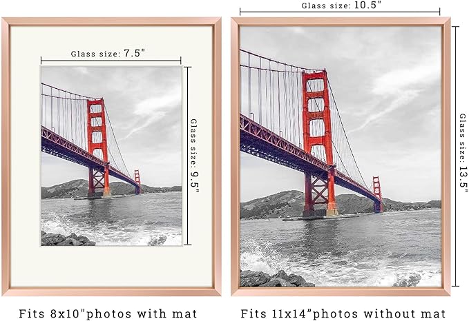 Frametory, 11x14 Metal Picture Frame with Mat for 8x10 Picture & Real Glass, Aluminum Photo Frame Collection (Rose Gold, 1 Pack)