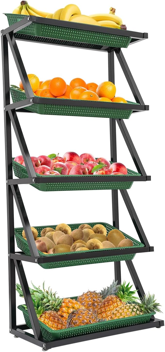 Fruit Vegetable Storage Basket,Kitchen Organizers 5 Tier Basket Stand Storage Baskets Market Shelf for Kitchen Store (Green)