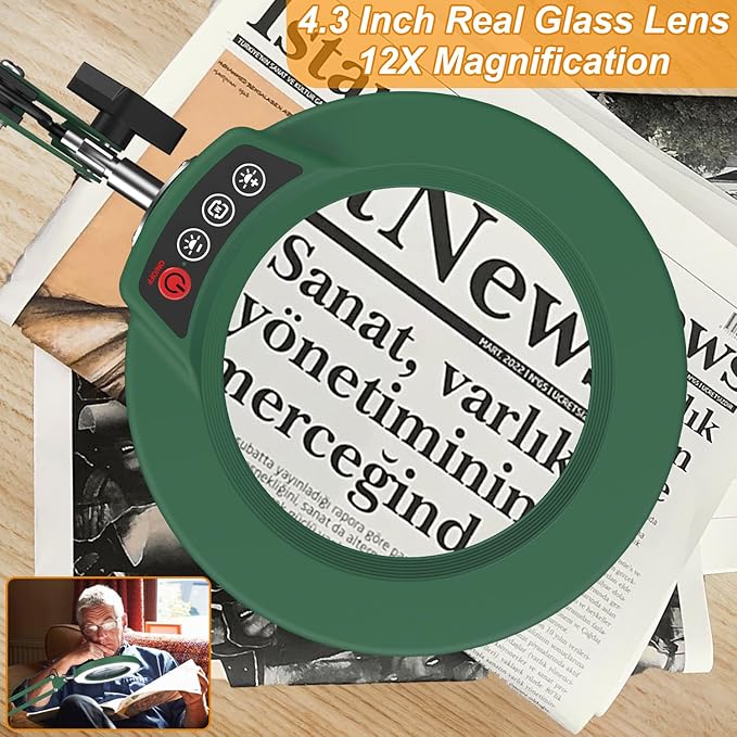 12X Large Magnifying Glass with Light and Clamp, Real Glass, 5 Color Modes, Stepless Dimmable, 2 x 16 Inch Adjustable Swing Arm Stand Desk Lamp, LED Lighted Magnifier Hands Free for Close Work - Green