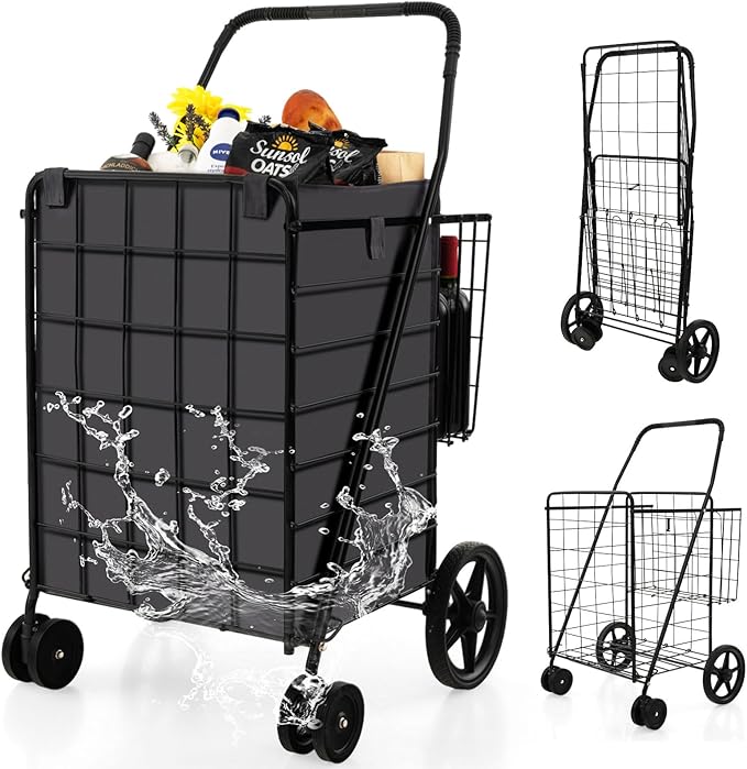 COSTWAY Folding Shopping Cart, Metal Grocery Cart with Extra Basket, 360° Swiveling Front Wheels & Comfortable Handle, Light Weight Collapsible Utility Cart for Laundry, Camping (Upgraded Black)
