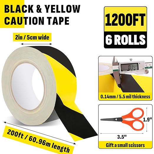 6 Roll Black & Yellow Caution Tape, 2'' x 1200 FT Total Length Safety Tape, Black & Yellow Floor Marking Tapes, High Adhesive Hazard Tapes for Floors, Walls, Staircase, Equipment, Dangerous Area