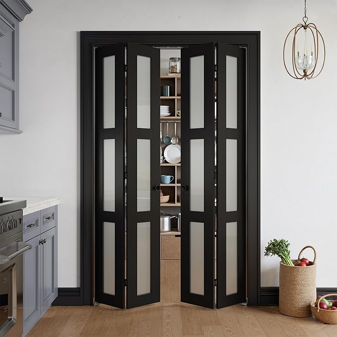 Bifold Doors for 48" x 80" Opening, 3-lite Tempered Frosted Glass Closet Folding Doors with Hardware kit Included, Easy Assembly, Black