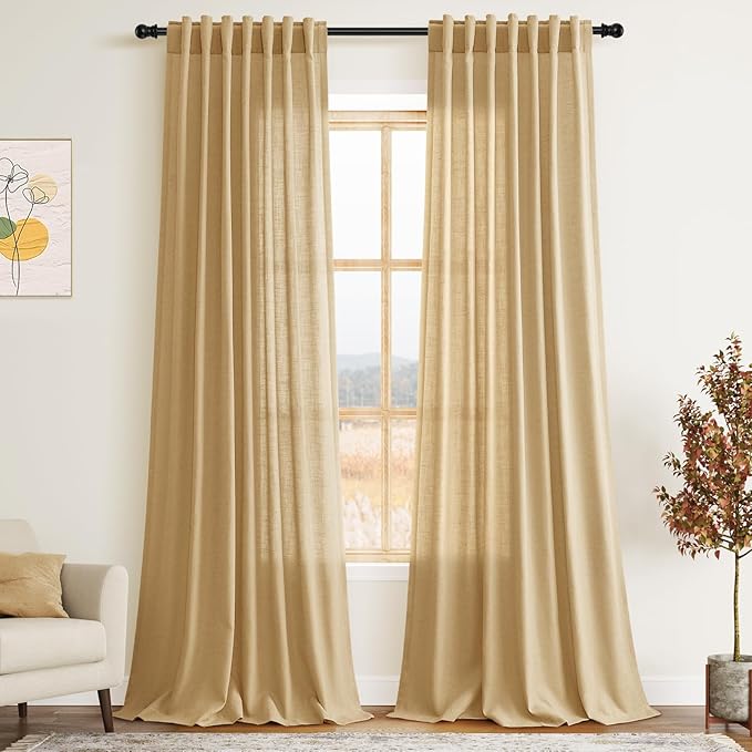 Extra Long Gold Yellow Linen Curtains 120 Inch for Living Room 2 Panels Set Rod Pocket Back Tab Linen Window Drapes Semi Sheer Light Filtering Privacy High Ceiling Drapes for Farmhouse 52x120