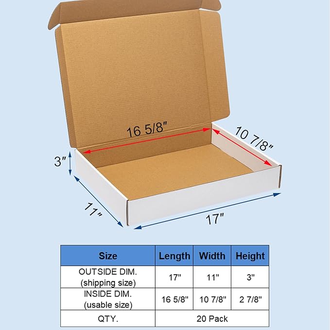 17x11x3" Shipping Boxes 20 Pack White Corrugated Cardboard Mailing Boxes for Small Business - Flat Literature Mailer Packaging Supplies