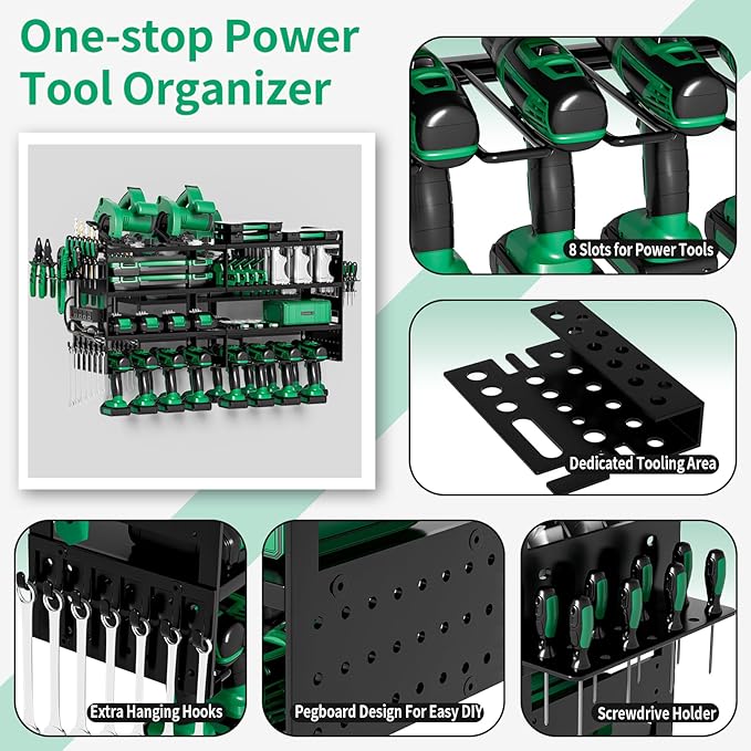 Power Tool Organizer Wall Mount, Modular Tool Storage Rack with Charging Station, 4 Layers Heavy Duty Metal Tool Rack with 8 Drill Holder, Utility Racks for Garage Workshop, Gifts for Men