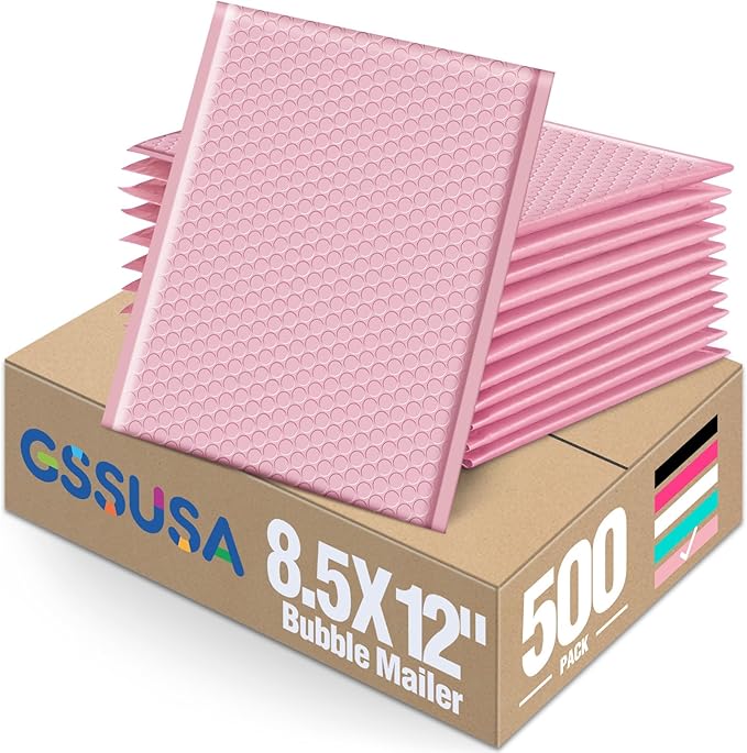 GSSUSA Light Pink Bubble Mailers 8.5X12 Inches 500 Pack, Padded Poly Bubble Mailer, Large padded Envelopes Strong Adhesion Bubble Envelopes,Self-Seal Mailing Envelopes for Small Business