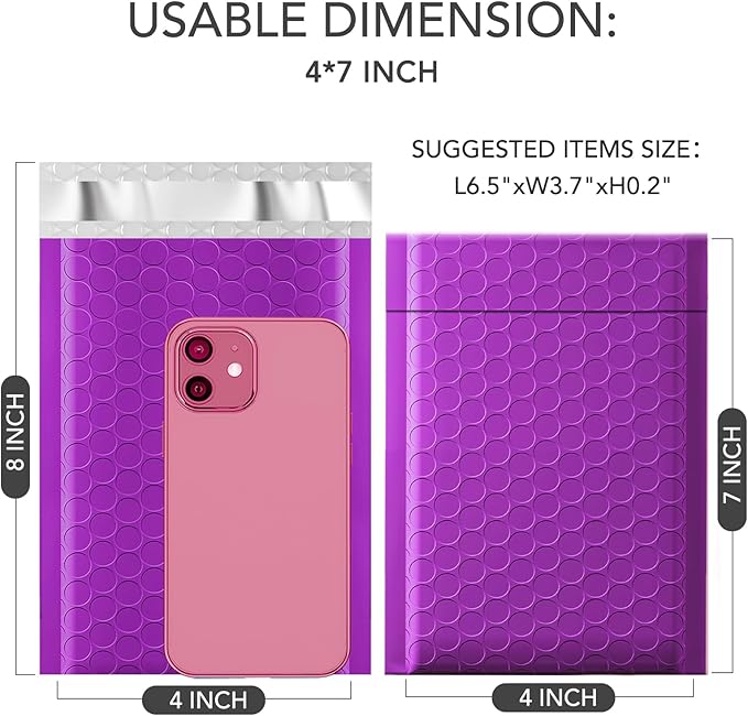 GSSSUSA Bubble Mailers 4x8 Inch 50 Pack Padded Envelopes Usable Size 4x7 Inch Shipping Envelopes Self Seal Small Packaging Shipping Bags for Mailing Jewelry, Small Business, Purple