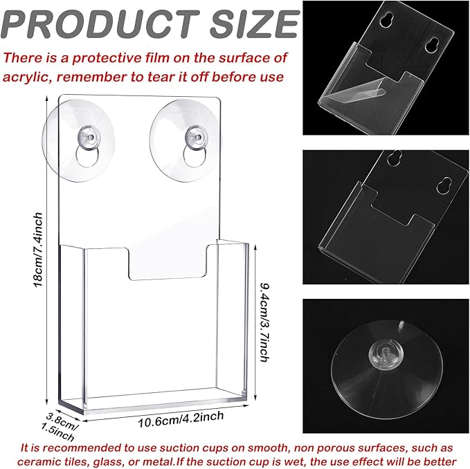 Thyle 2 Pcs Acrylic Brochure Holder with Suction Cups Wall Mount 7.4 x 4.2 Inch Window Clear Plastic Pamphlet Organizer Flyer Display Rack for Trifold Page Booklet Sticker Marketing Office Retail Shop