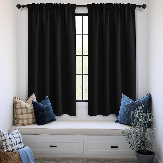 KGORGE Black Blackout Curtains 63 inch Length, Room Darkening Thermal Insulated Noise-Reducing Black Out Curtains for Bedroom Living Room Windows, Back Tab Rod Pocket, W52 x L63 inches, 2 Panels