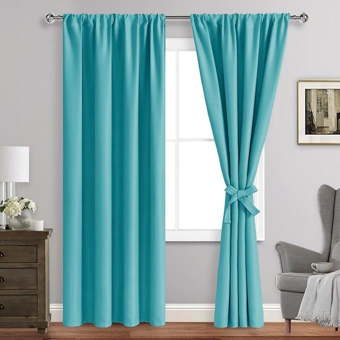 JIUZHEN Blackout Curtains for Bedroom - Thermal Insulated Room Darkening Rod Pocket Curtains for Living Room, Set of 2 Panels with Tiebacks, 38 x 84 Inch Length, Turquoise
