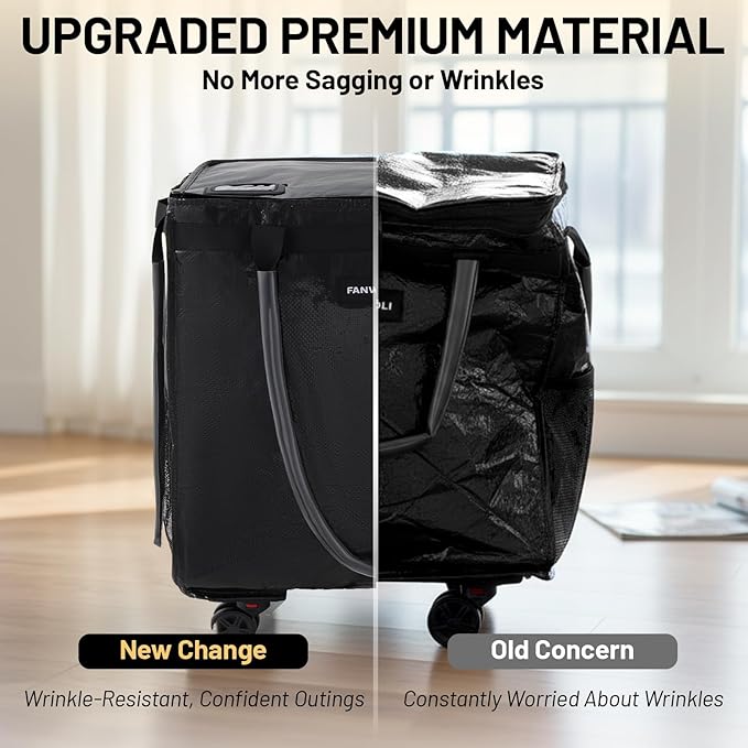(Large) Fanwoli Reusable Grocery Bag On Wheels with Removable Liner | Wrinkle-Resistant Fabric | Enhanced Stability Wheels & Extended Handle | Foldable Shopping Trolley for Laundry, Carries Up to 130L