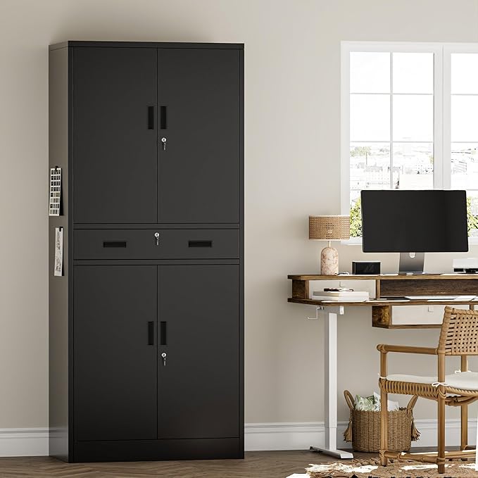 Metal Storage Cabinets with 1Drawer, 71" Storage Cabinet with 4 Locking Doors and 2 Adjustable Shelves, Steel Storage File Cabinet for Pantry Home, Kitchen, Office, Garage (Black)