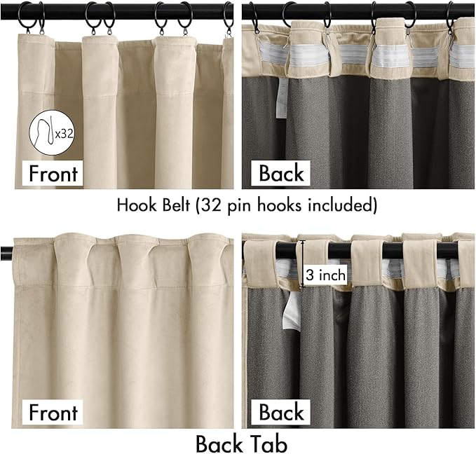 MIULEE Velvet Curtains 90 Inches Long 2 Panels Set for Bedroom, Pinch Pleat Back Tab Luxury Thermal Insulated Living Room Darkening Drapes Pleated Blackout Window Curtains with Hooks, Beige