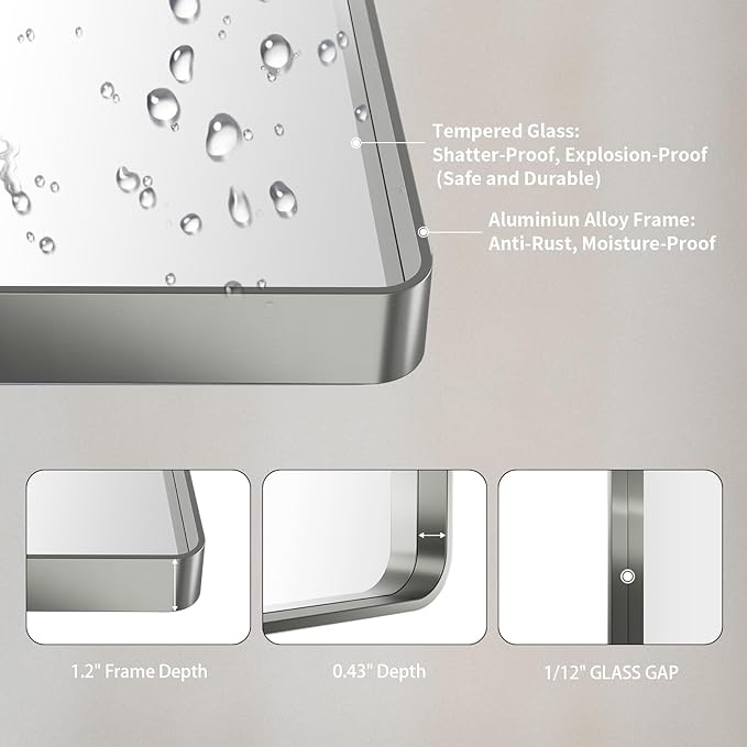 LOAAO 40X24 Inch Brushed Nickel Bathroom Mirror, Rounded Rectangle Silver Metal Frame Mirror, Brushed Nickel, Anti-Rust, Hangs Horizontally or Vertically