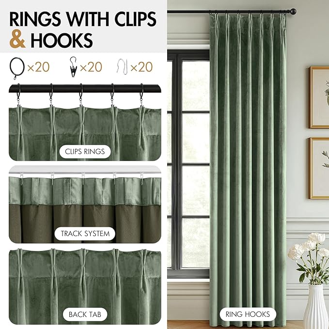 MIULEE Sage Green Velvet Curtains 90 inches Long, Pinch Pleated Blackout Drapes with Hooks, Thermal Insulated Pinch Pleat Panels for Bedroom Living Room, 2 Panels
